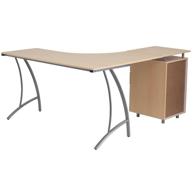 Beech Laminate L-Shape Desk with Three Drawer Pedestal. Picture 2