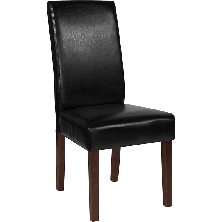 Black LeatherSoft Upholstered Panel Back Mid-Century Parsons Dining Chair. Picture 1