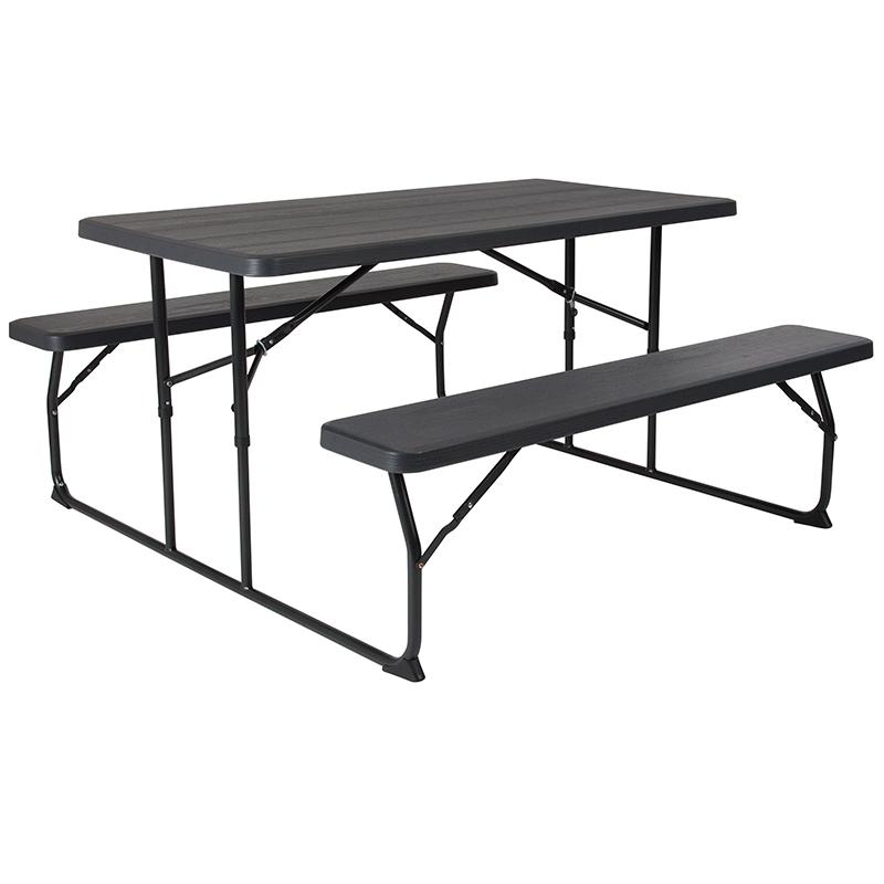 Charcoal Wood Grain Folding Picnic Table and Benches - 4.5 Foot Folding Table. Picture 2