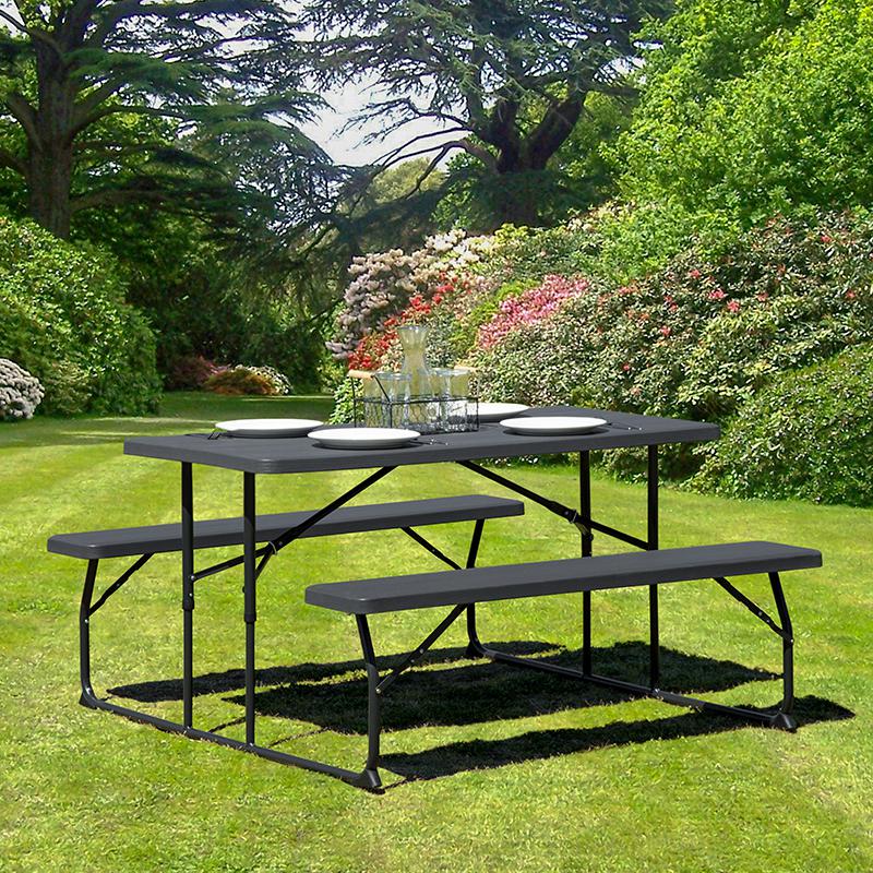 Charcoal Wood Grain Folding Picnic Table and Benches - 4.5 Foot Folding Table. Picture 1