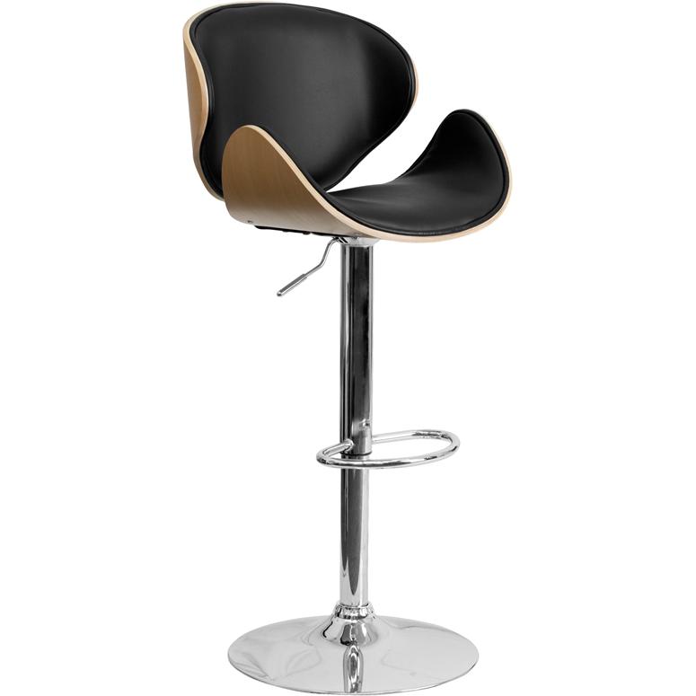 Beech Bentwood Adjustable Height Barstool with Curved Back and Black Vinyl Seat. Picture 1