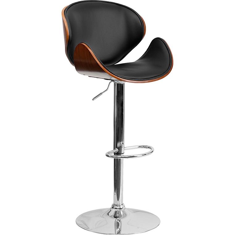 Walnut Bentwood Adjustable Height Barstool with Curved Back and Black Vinyl Seat. Picture 1