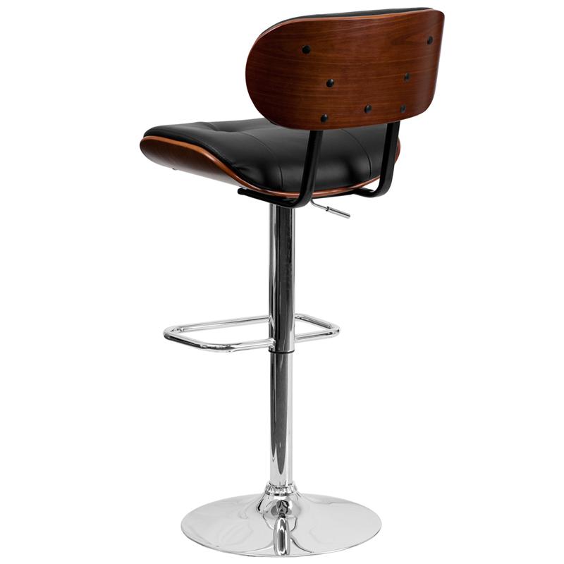 Walnut Bentwood Adjustable Height Barstool with Button Tufted Black Vinyl Seat. Picture 3