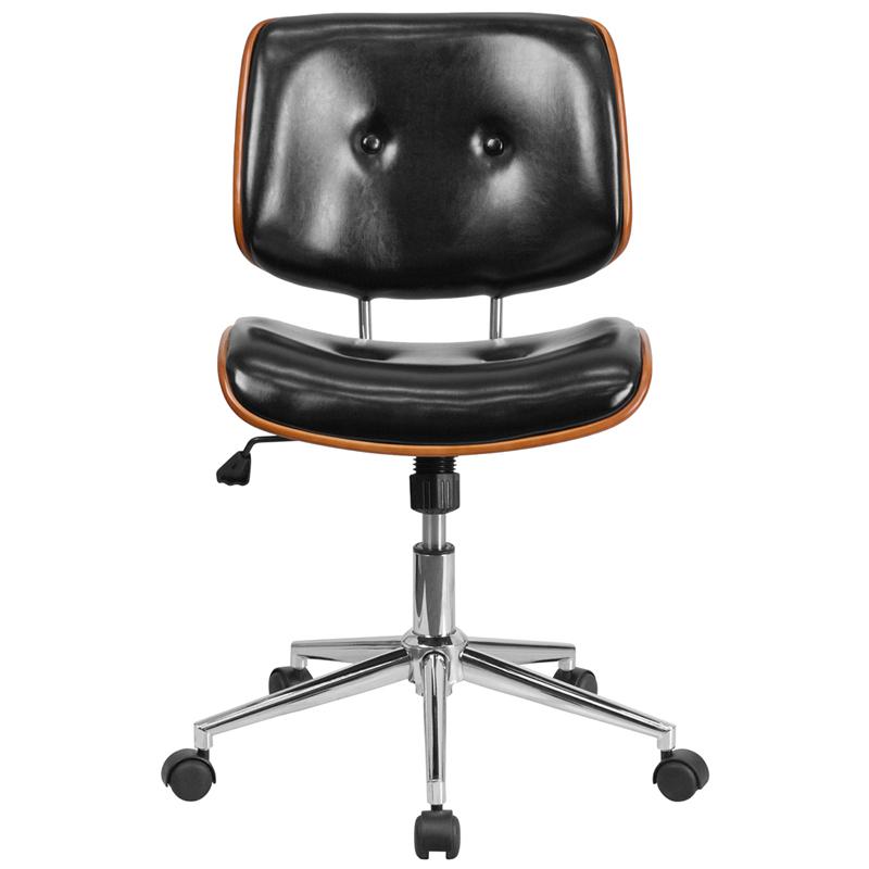 Low Back Black LeatherSoft Ergonomic Wood Swivel Task Office Chair. Picture 4