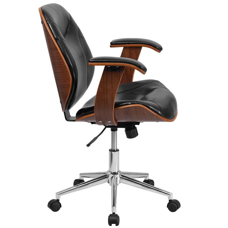 Mid-Back Black LeatherSoft Executive Ergonomic Wood Swivel Office Chair with Arms. Picture 2