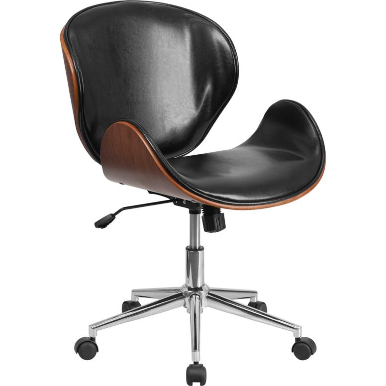 Mid-Back Walnut Wood Conference Office Chair in Black LeatherSoft. Picture 1