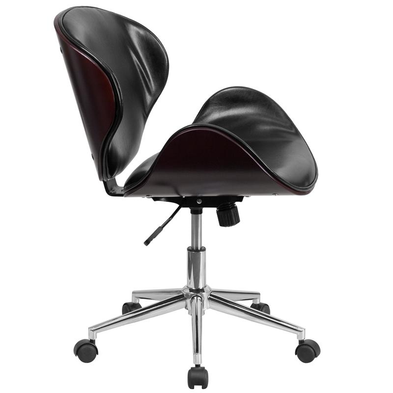 Mid-Back Mahogany Wood Conference Office Chair in Black LeatherSoft. Picture 2