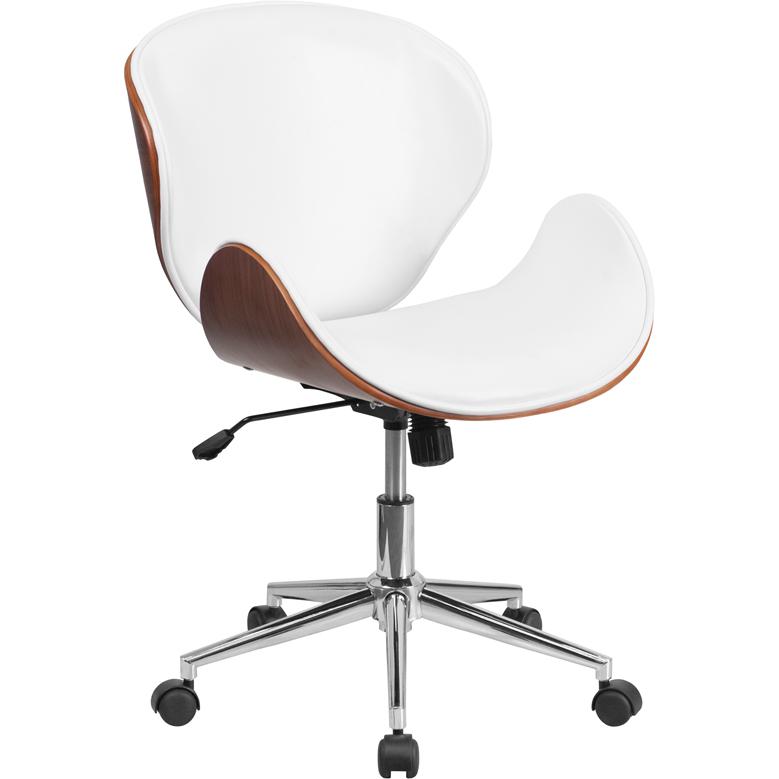 Mid-Back Walnut Wood Conference Office Chair in White LeatherSoft. Picture 1