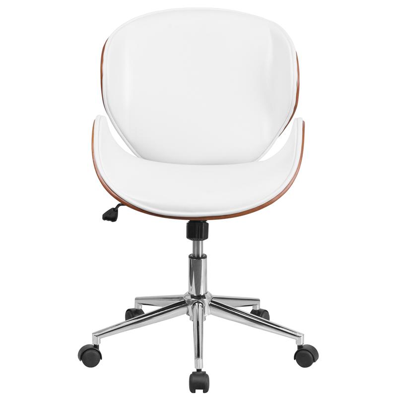 Mid-Back Walnut Wood Conference Office Chair in White LeatherSoft. Picture 4