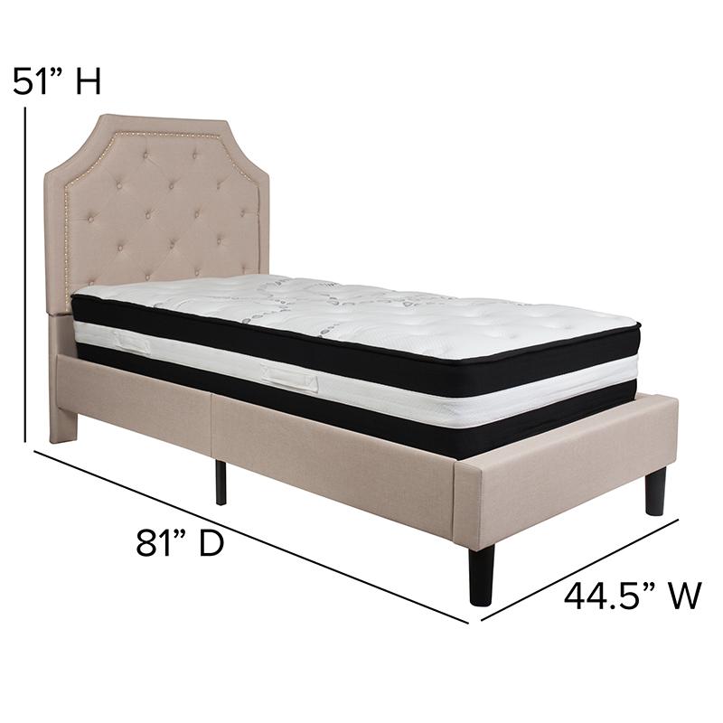 Twin Size Platform Bed in Beige Fabric with Pocket Spring Mattress. Picture 4