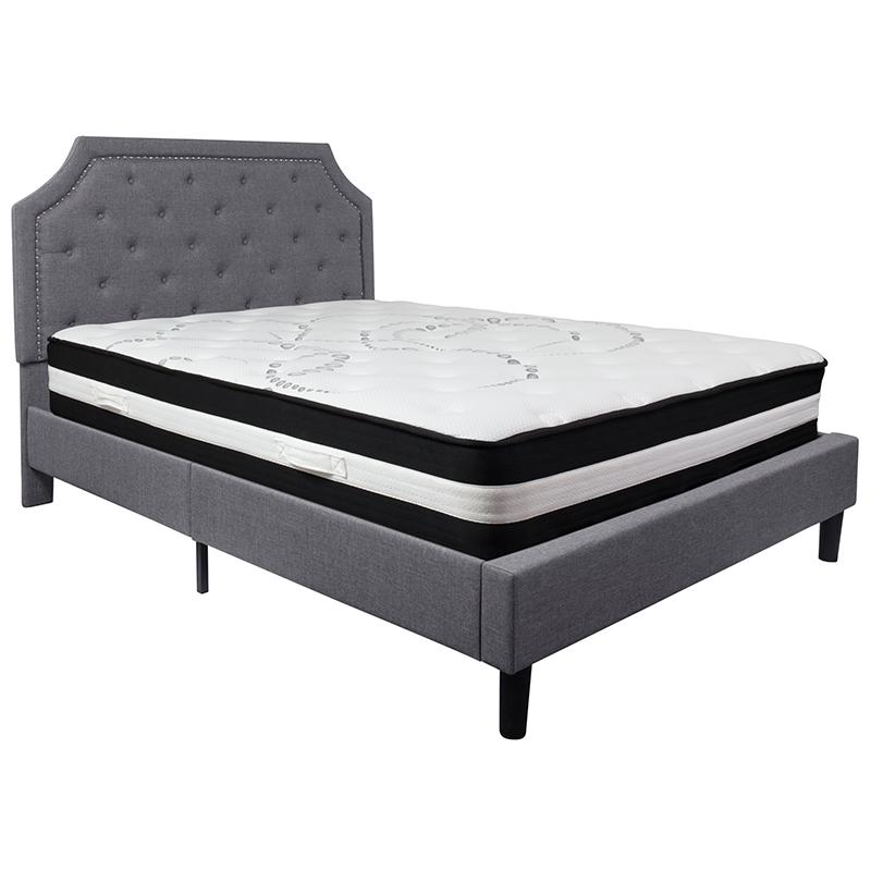 Brighton Queen Size Tufted Upholstered Platform Bed in Light Gray Fabric with Pocket Spring Mattress. Picture 2