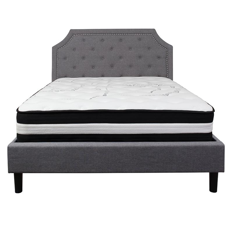 Brighton Queen Size Tufted Upholstered Platform Bed in Light Gray Fabric with Pocket Spring Mattress. Picture 3