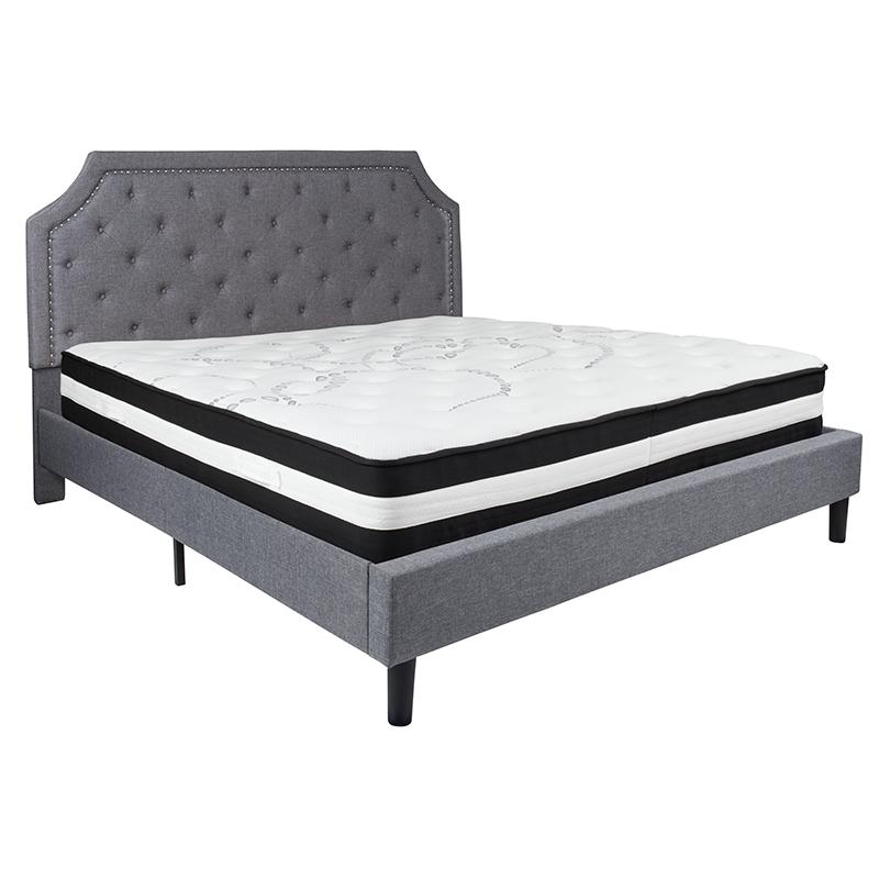 King Size Platform Bed in Light Gray Fabric with Pocket Spring Mattress. Picture 2