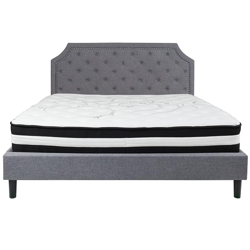 King Size Platform Bed in Light Gray Fabric with Pocket Spring Mattress. Picture 3