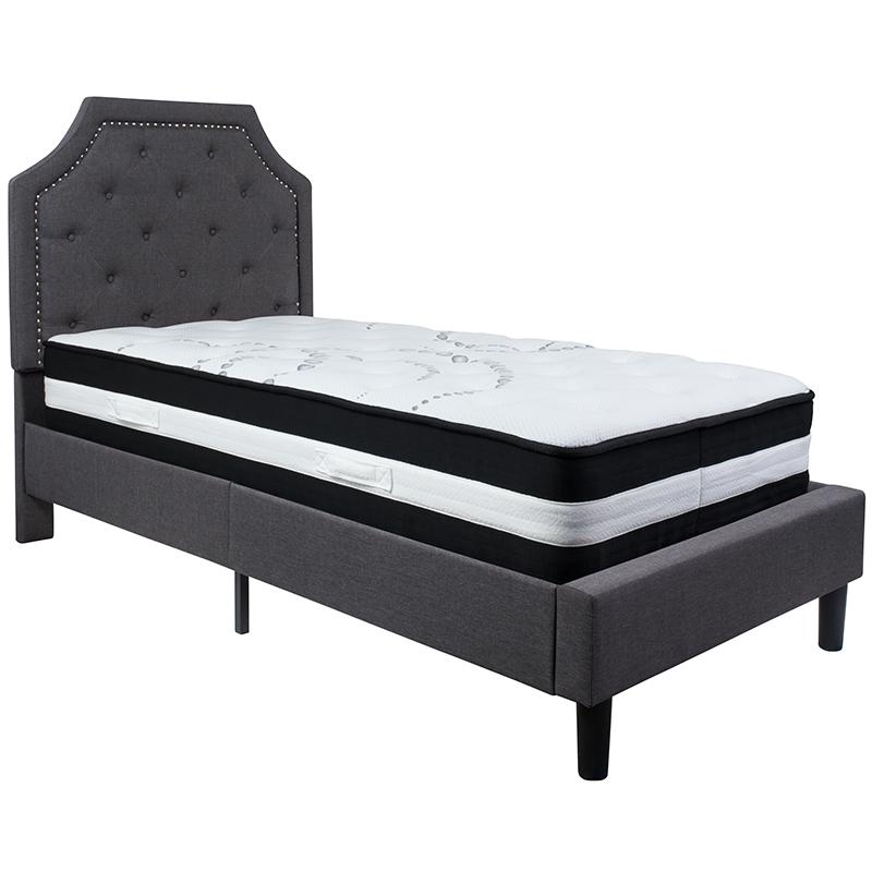 Twin Size Platform Bed in Dark Gray Fabric with Pocket Spring Mattress. Picture 2