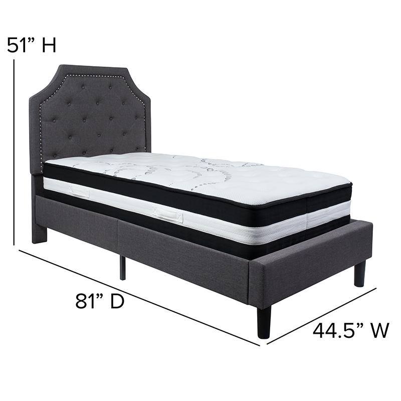 Twin Size Platform Bed in Dark Gray Fabric with Pocket Spring Mattress. Picture 4