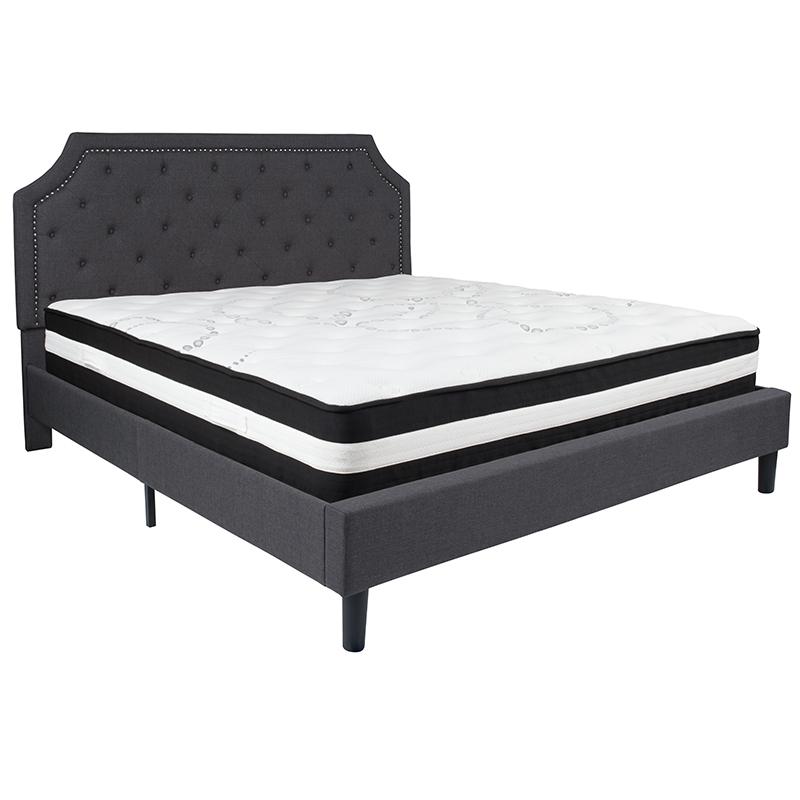Brighton King Size Tufted Upholstered Platform Bed in Dark Gray Fabric with Pocket Spring Mattress. Picture 2