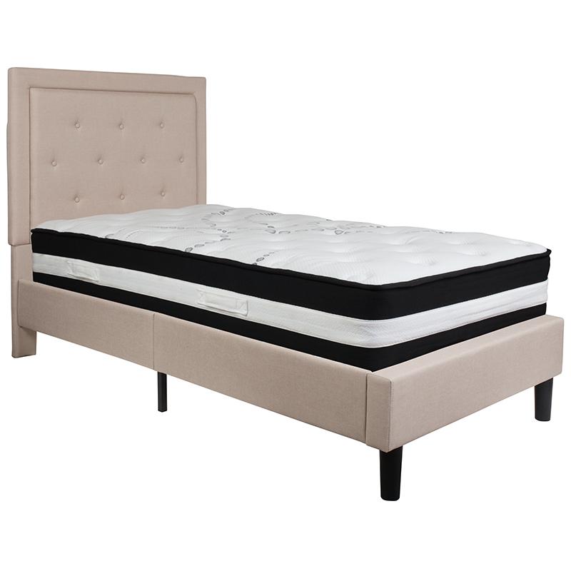 Twin Size Platform Bed in Beige Fabric with Pocket Spring Mattress. Picture 2