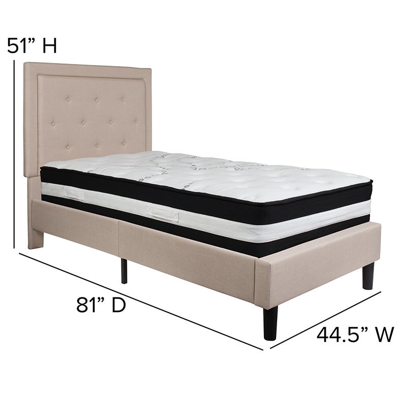 Twin Size Platform Bed in Beige Fabric with Pocket Spring Mattress. Picture 4