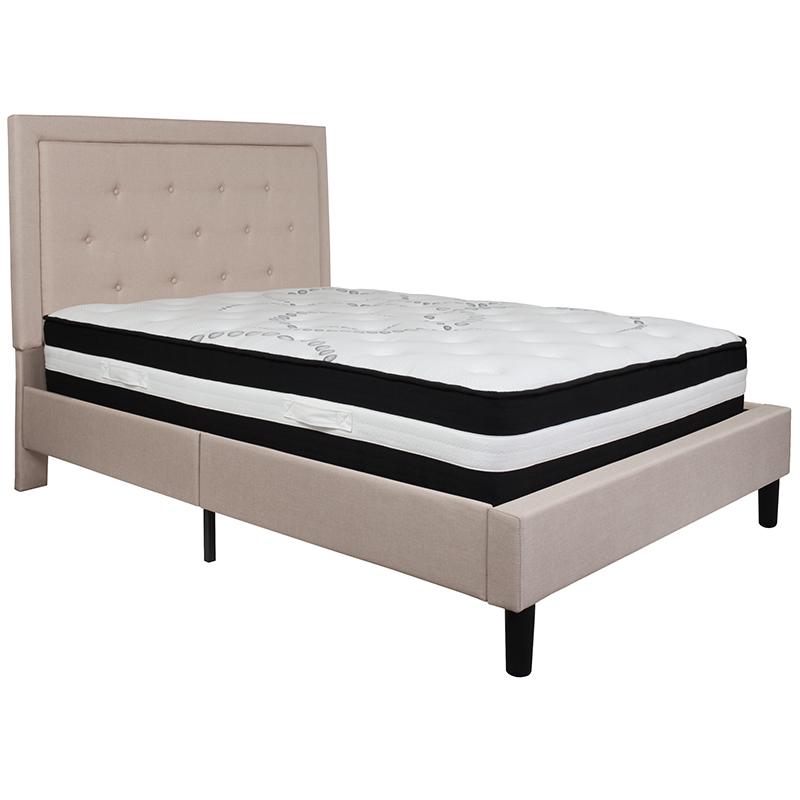 Roxbury Full Size Tufted Upholstered Platform Bed in Beige Fabric with Pocket Spring Mattress. Picture 2