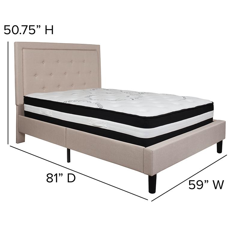 Roxbury Full Size Tufted Upholstered Platform Bed in Beige Fabric with Pocket Spring Mattress. Picture 4