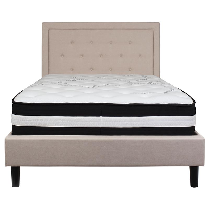 Roxbury Full Size Tufted Upholstered Platform Bed in Beige Fabric with Pocket Spring Mattress. Picture 3