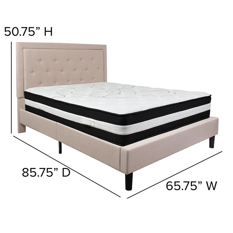 Queen Size Platform Bed in Beige Fabric with Pocket Spring Mattress. Picture 4