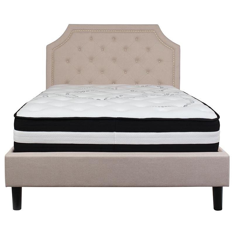 Full Size Platform Bed in Beige Fabric with Pocket Spring Mattress. Picture 3