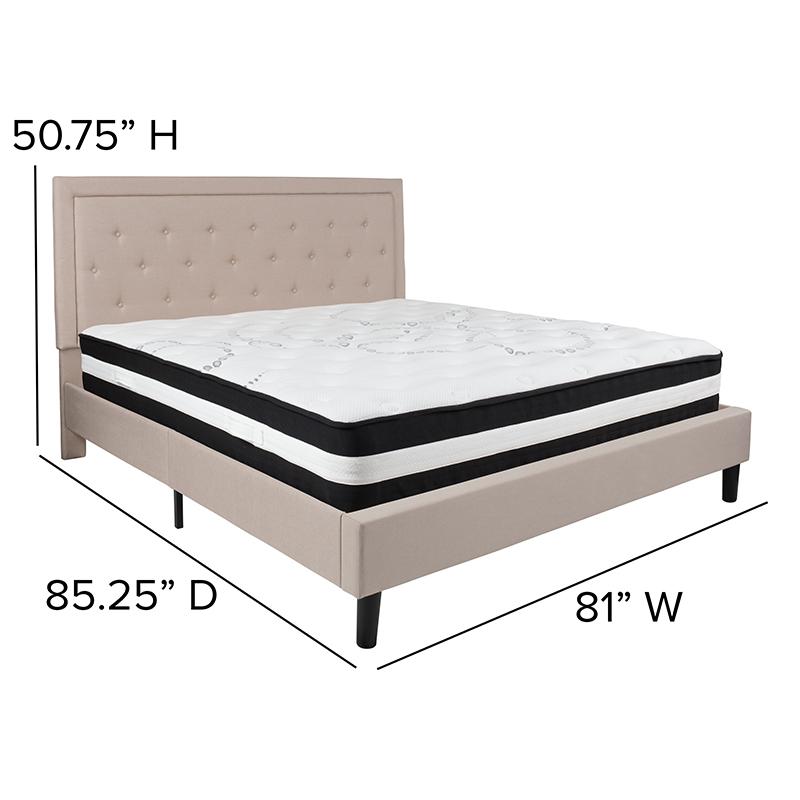 King Size Platform Bed in Beige Fabric with Pocket Spring Mattress. Picture 4