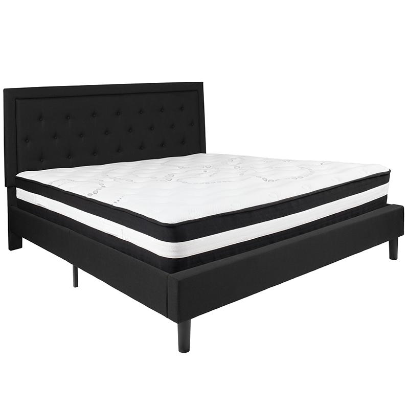 Roxbury King Size Tufted Upholstered Platform Bed in Black Fabric with Pocket Spring Mattress. Picture 2