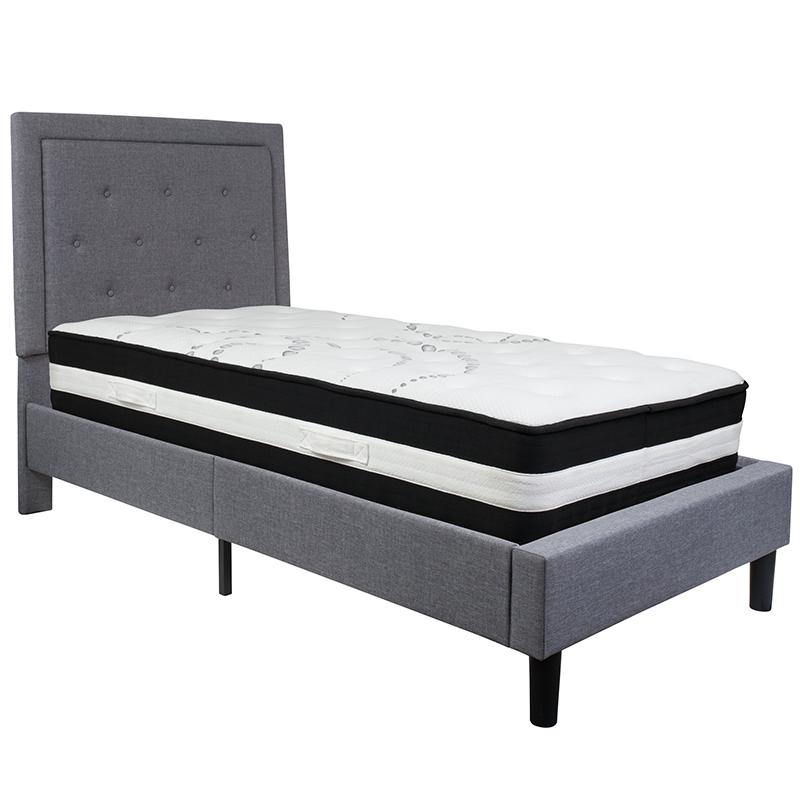 Twin Size Platform Bed in Light Gray Fabric with Pocket Spring Mattress. Picture 2