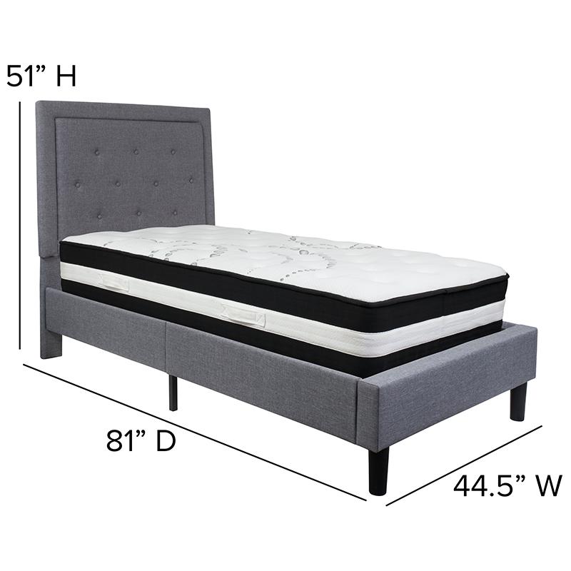 Twin Size Platform Bed in Light Gray Fabric with Pocket Spring Mattress. Picture 4