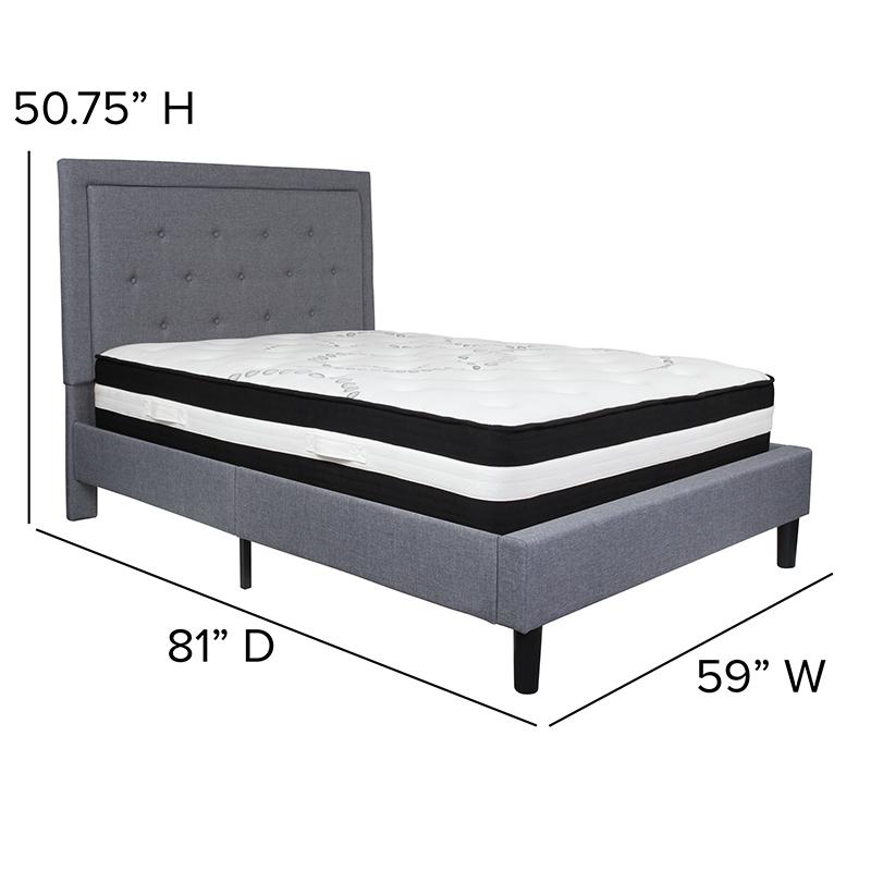 Full Size Platform Bed in Light Gray Fabric with Pocket Spring Mattress. Picture 4