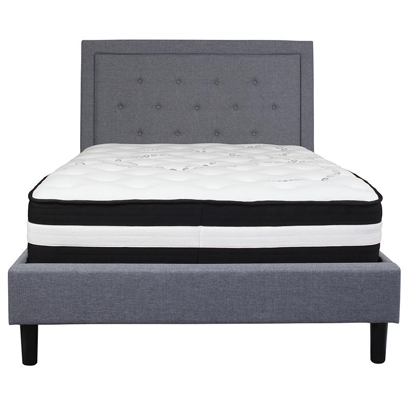 Full Size Platform Bed in Light Gray Fabric with Pocket Spring Mattress. Picture 3