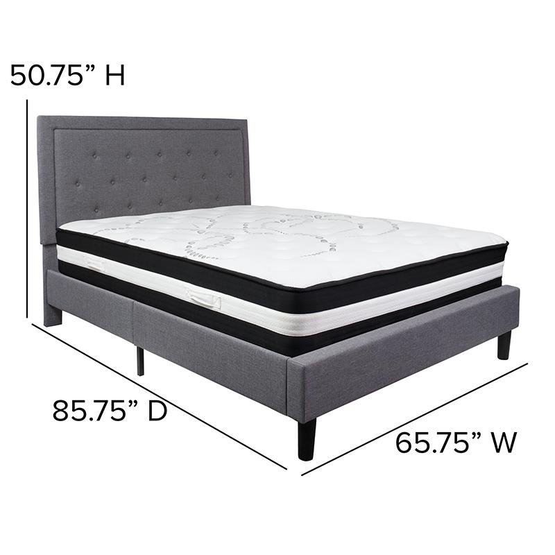 Roxbury Queen Size Tufted Upholstered Platform Bed in Light Gray Fabric with Pocket Spring Mattress. Picture 4