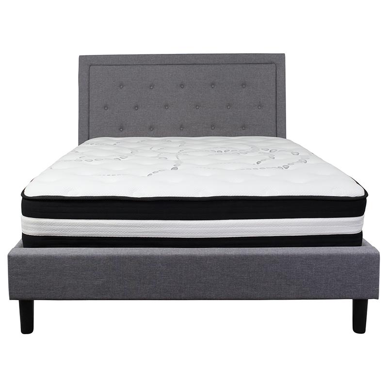 Roxbury Queen Size Tufted Upholstered Platform Bed in Light Gray Fabric with Pocket Spring Mattress. Picture 3