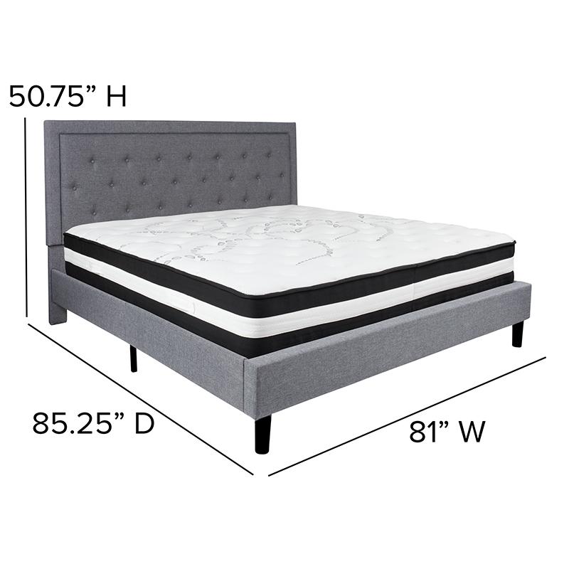King Size Platform Bed in Light Gray Fabric with Pocket Spring Mattress. Picture 4