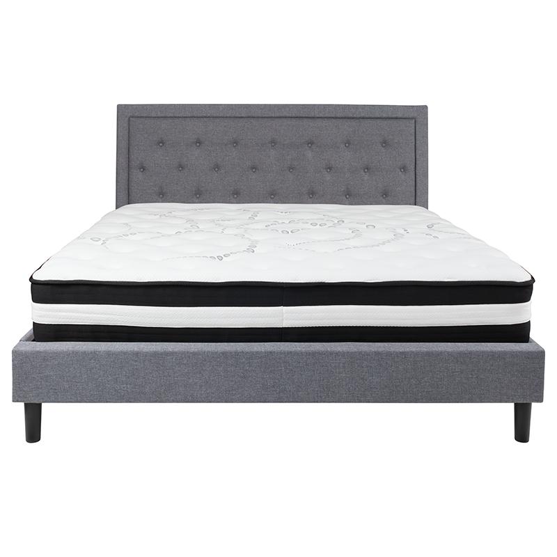 Roxbury King Size Tufted Upholstered Platform Bed in Light Gray Fabric with Pocket Spring Mattress. Picture 3