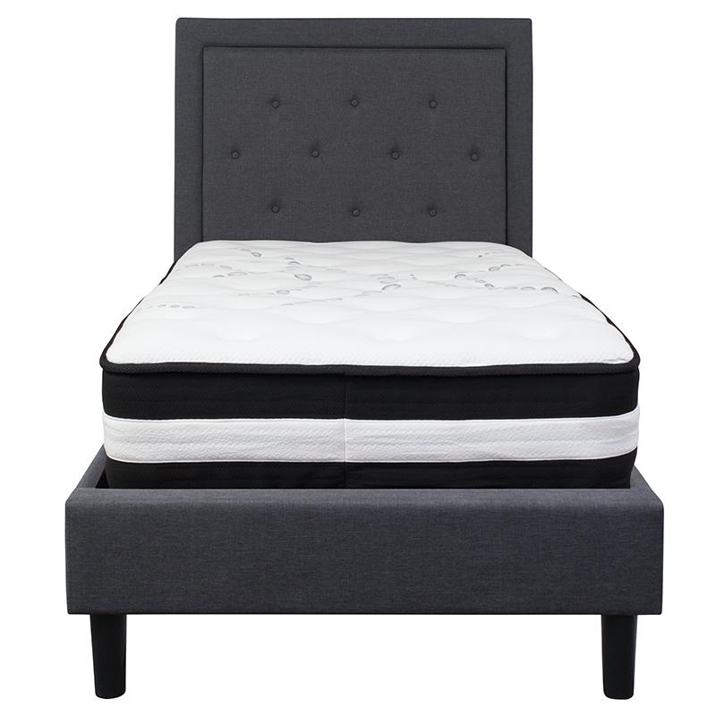 Twin Size Platform Bed in Dark Gray Fabric with Pocket Spring Mattress. Picture 3