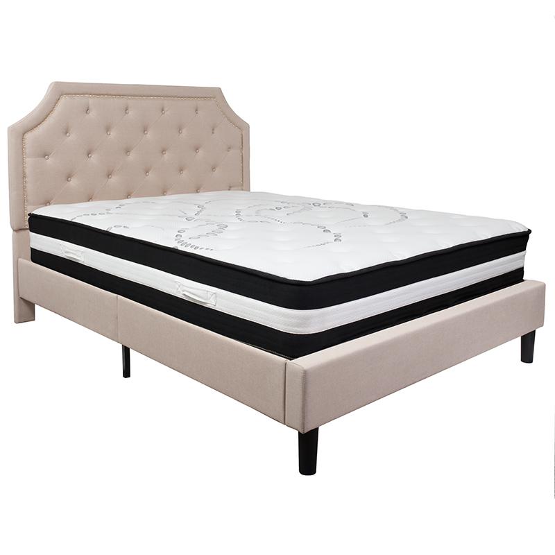 Brighton Queen Size Tufted Upholstered Platform Bed in Beige Fabric with Pocket Spring Mattress. Picture 2