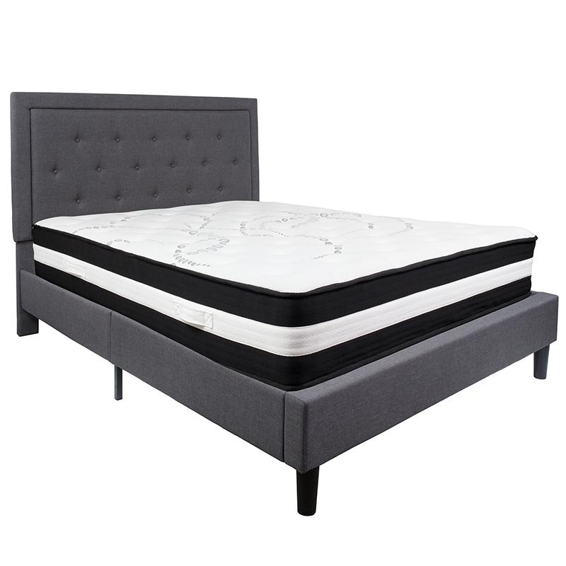Queen Size Platform Bed in Dark Gray Fabric with Pocket Spring Mattress. Picture 2