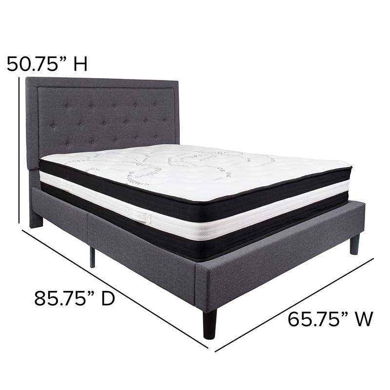 Queen Size Platform Bed in Dark Gray Fabric with Pocket Spring Mattress. Picture 4