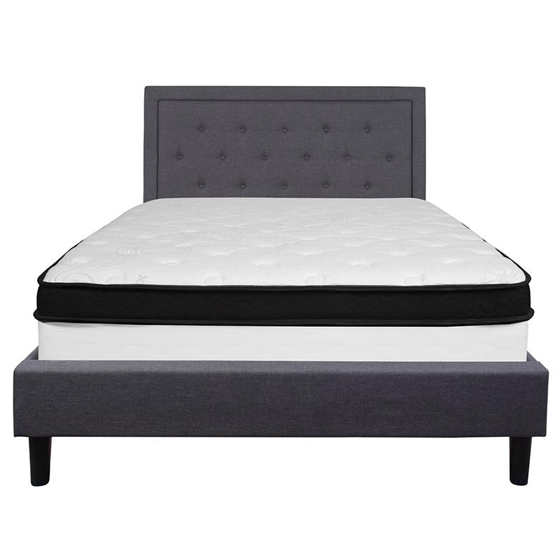 Queen Size Platform Bed in Dark Gray Fabric with Pocket Spring Mattress. Picture 3