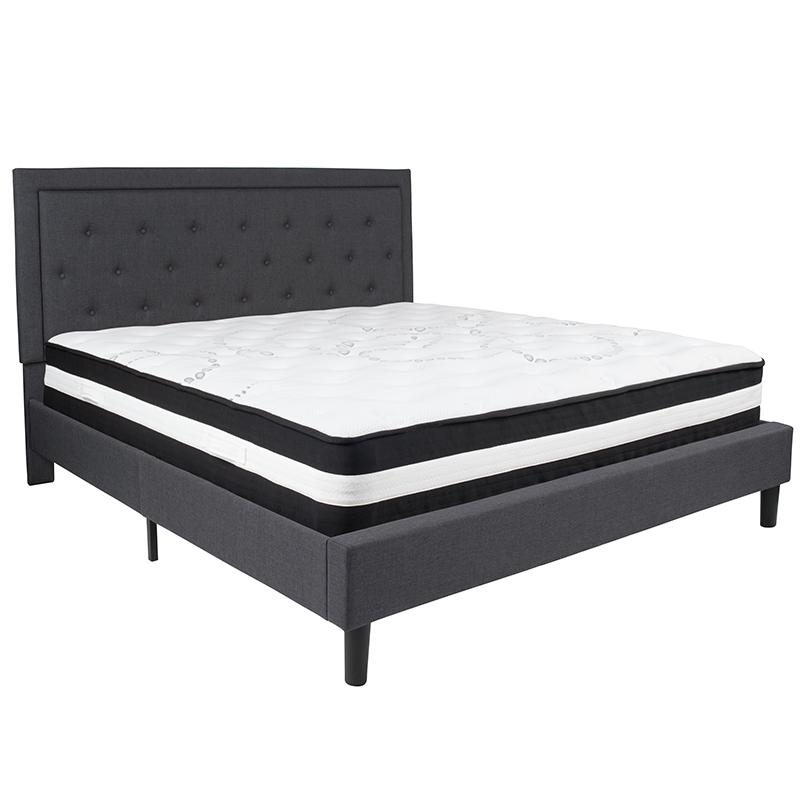 King Size Platform Bed in Dark Gray Fabric with Pocket Spring Mattress. Picture 2