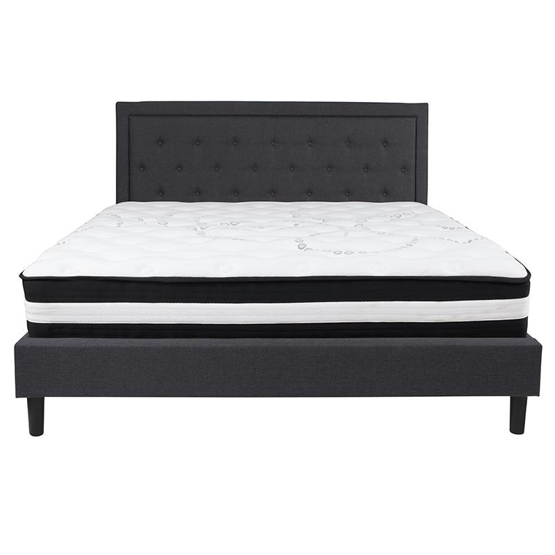King Size Platform Bed in Dark Gray Fabric with Pocket Spring Mattress. Picture 3