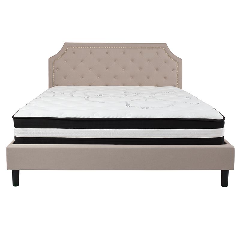 King Size Platform Bed in Beige Fabric with Pocket Spring Mattress. Picture 3