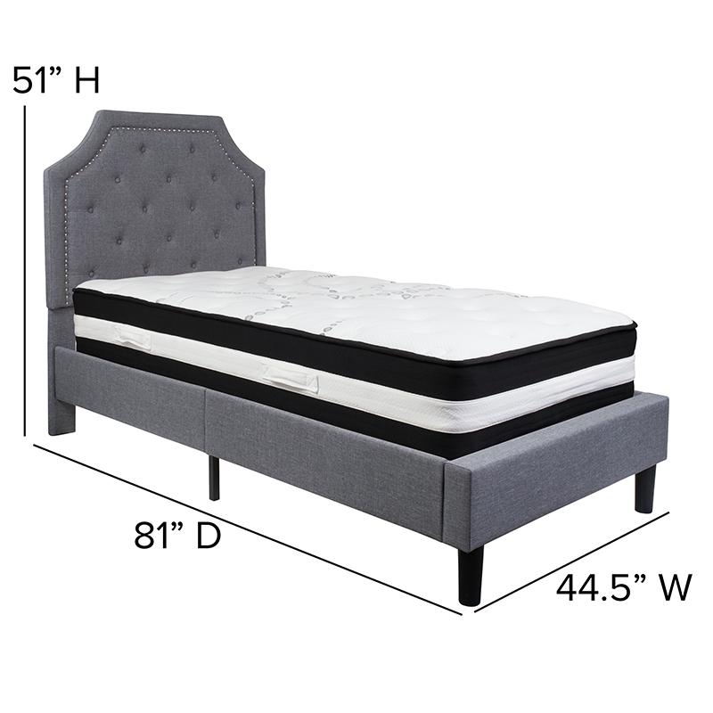 Twin Size Platform Bed in Light Gray Fabric with Pocket Spring Mattress. Picture 4