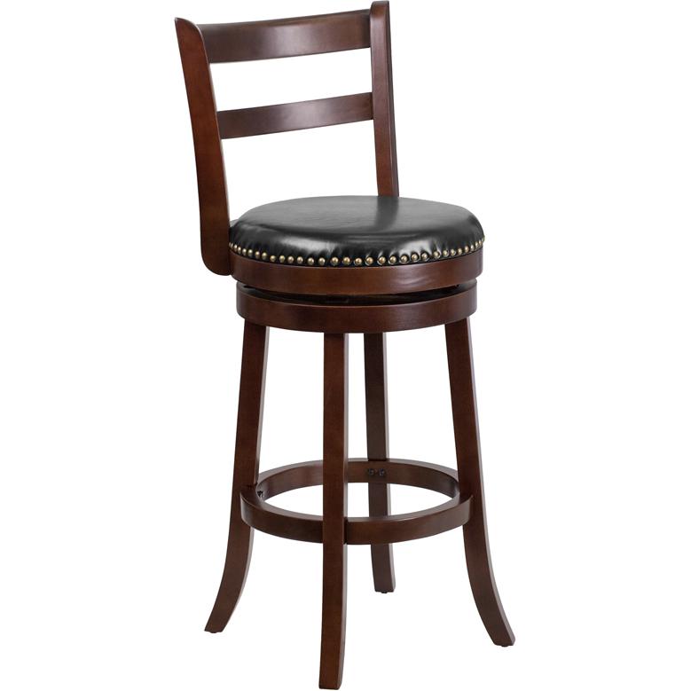 30'' High Cappuccino Wood Barstool with Single Slat Ladder Back and Black LeatherSoft Swivel Seat. The main picture.