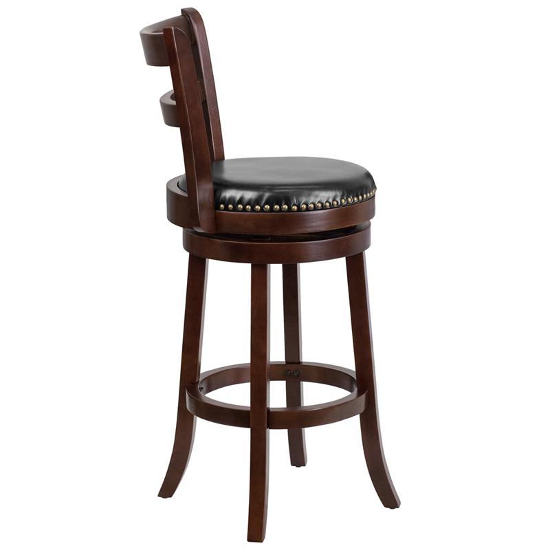 30'' High Cappuccino Wood Barstool with Single Slat Ladder Back and Black LeatherSoft Swivel Seat. Picture 2