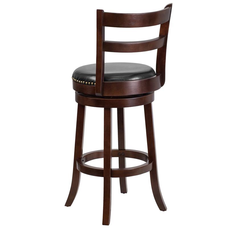 30'' High Cappuccino Wood Barstool with Single Slat Ladder Back and Black LeatherSoft Swivel Seat. Picture 3